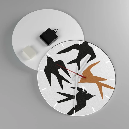 Wall clock - Clock on glass - Swallows at Play - 30x30 cm