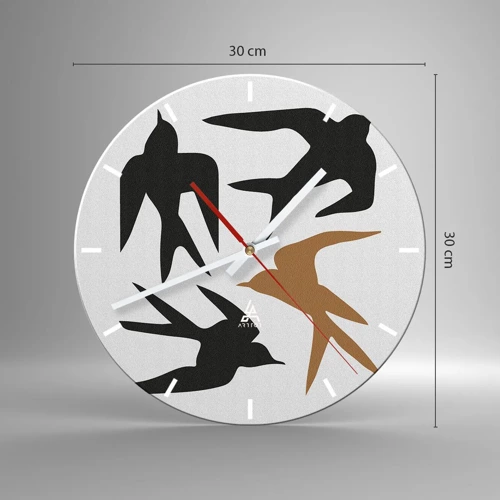 Wall clock - Clock on glass - Swallows at Play - 30x30 cm
