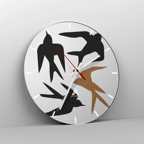 Wall clock - Clock on glass - Swallows at Play - 30x30 cm