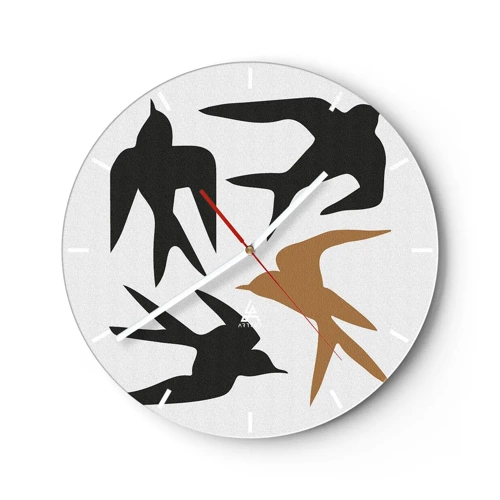 Wall clock - Clock on glass - Swallows at Play - 40x40 cm