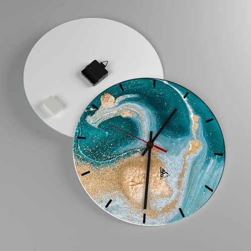 Wall clock - Clock on glass - Swirl of Gold and Turquiose - 40x40 cm