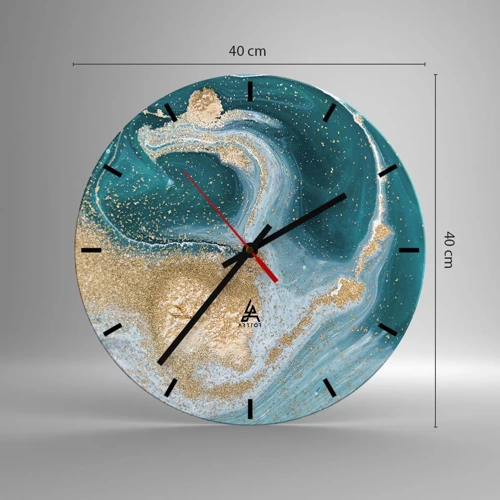 Wall clock - Clock on glass - Swirl of Gold and Turquiose - 40x40 cm