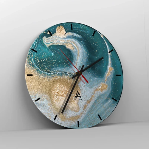 Wall clock - Clock on glass - Swirl of Gold and Turquiose - 40x40 cm