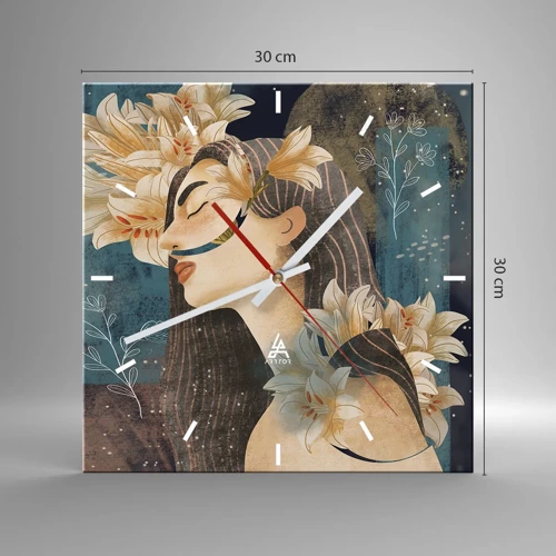 Wall clock - Clock on glass - Tale of a Queen with Lillies - 30x30 cm