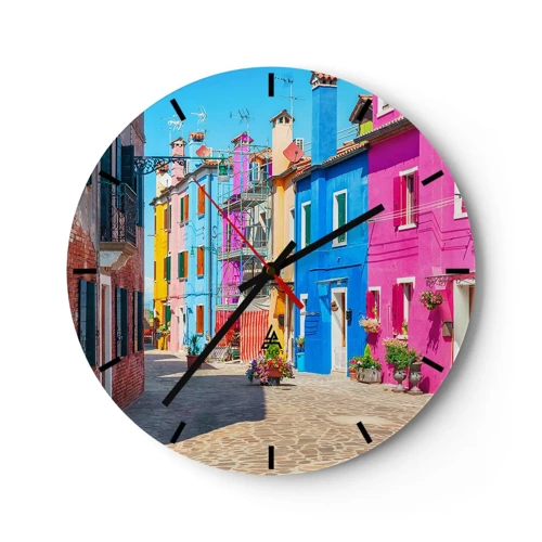 Wall clock - Clock on glass - Town Bursting with Colours - 30x30 cm