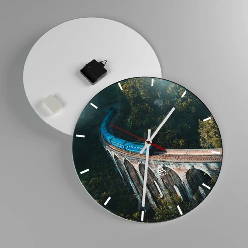 Wall clock - Clock on glass - Train through Nature - 40x40 cm