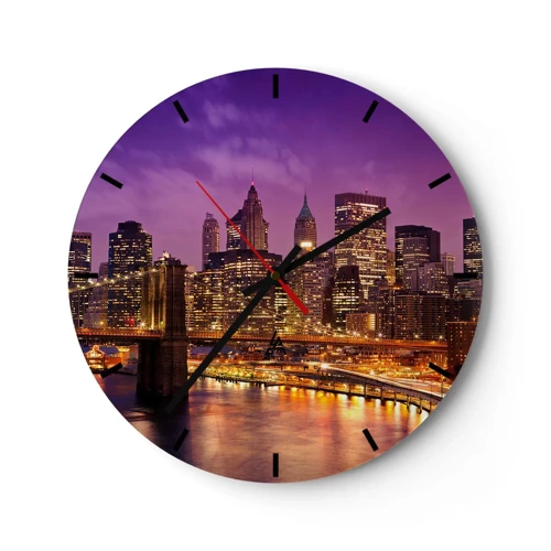 Wall clock - Clock on glass - Violet and Gold Manhattan - 30x30 cm