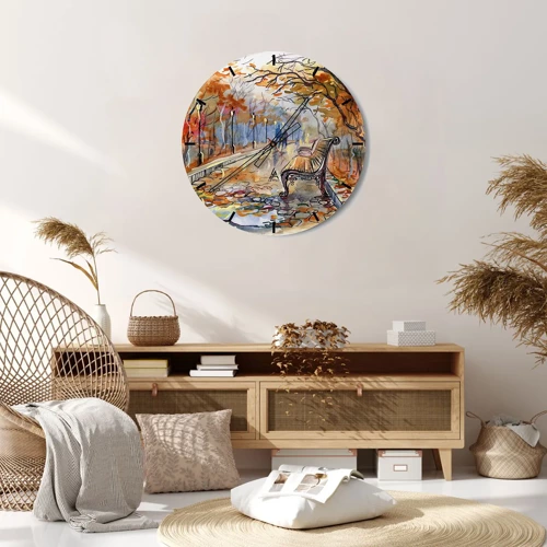 Wall clock - Clock on glass - Walking together into Autumn - 30x30 cm