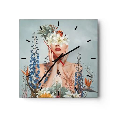 Wall clock - Clock on glass - Woman – Flower - 30x30 cm