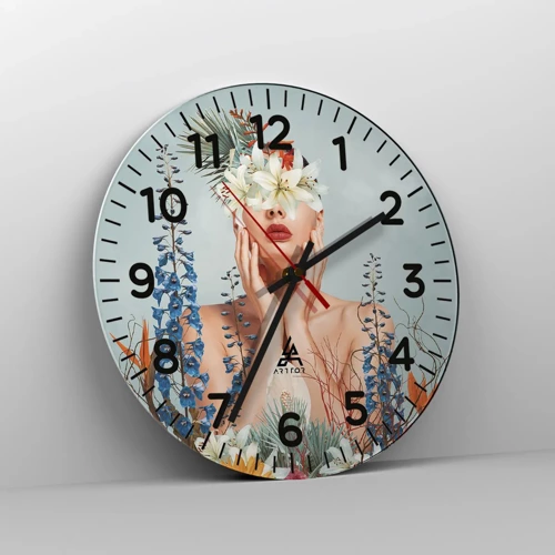 Wall clock - Clock on glass - Woman – Flower - 40x40 cm