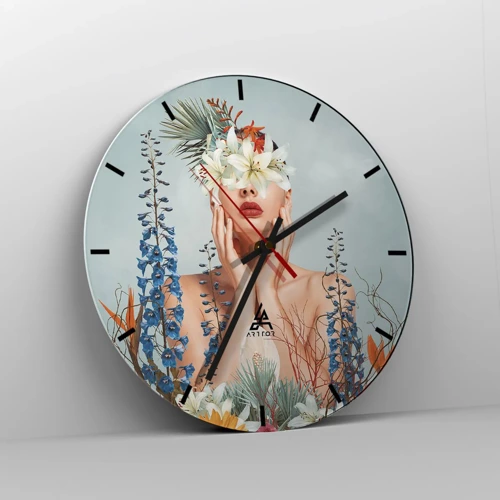 Wall clock - Clock on glass - Woman – Flower - 40x40 cm