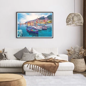 Poster in black frame - Colourful Evening in a Port - 100x70 cm