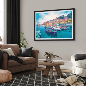 Poster in black frame - Colourful Evening in a Port - 100x70 cm