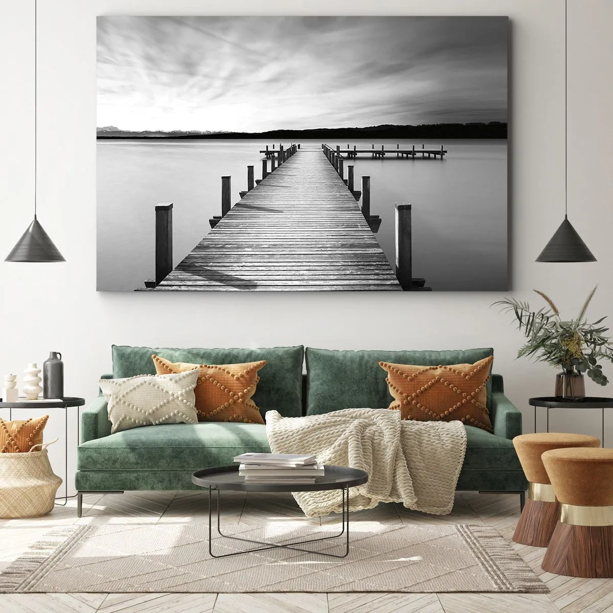 Canvas picture - A black and white jetty on a calm lake - 70x50cm - Lake of Peace - Modern wall decoration for the living room and bedroom ARTTOR