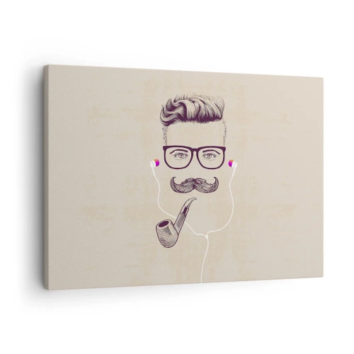 Canvas picture - Retro portrait of a man with a pipe, headphones and glasses - 70x50cm - A Real Man? - Modern wall decoration for the living room and bedroom ARTTOR