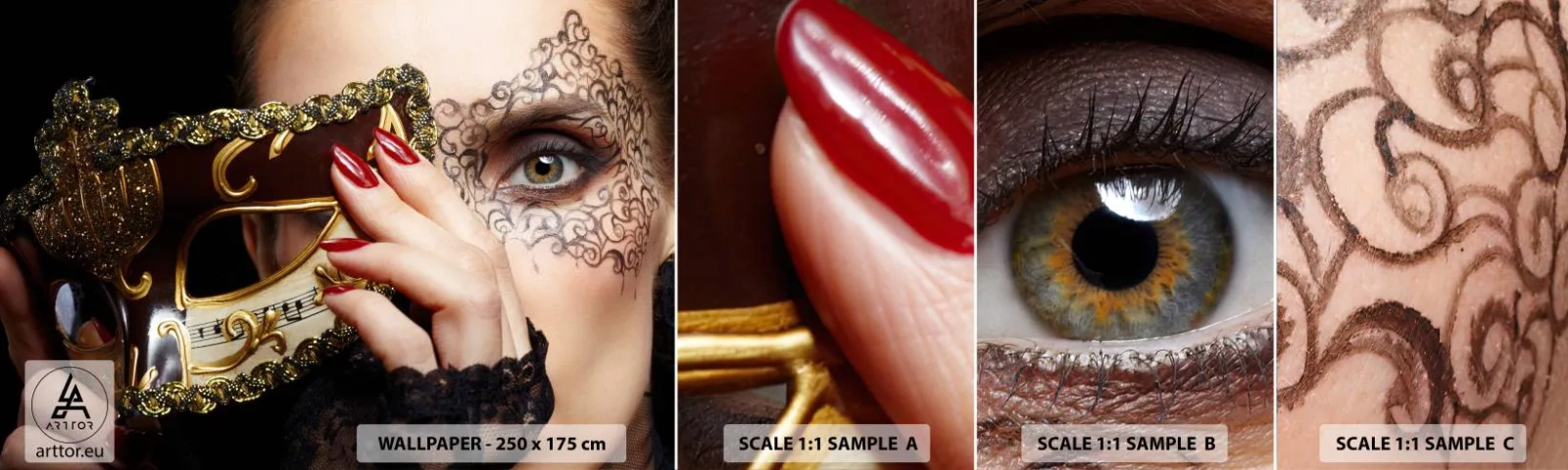 Photo Wallpaper Sample Self-Adhesive Deluxe Sticker - My World Is Baroque - Woman, Venetian mask, Ball - 100x30 cm