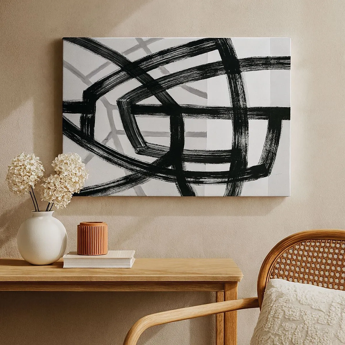 Canvas picture - Black and white abstract lines intersecting on a light background - 70x50cm - Building Depth - Modern wall decoration for the living room and bedroom ARTTOR