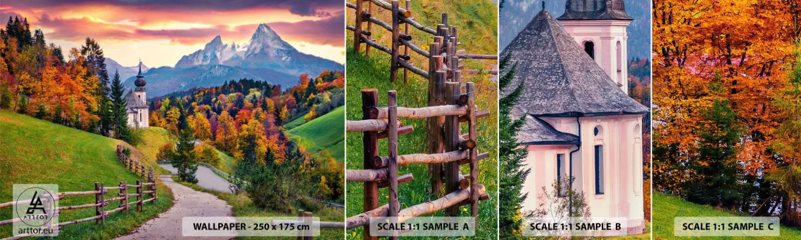 Photo Wallpaper Sample Standard Eco - Landscape Like a Picture - Mountain landscape, Path, Church - 100x30 cm