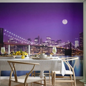 Photo Wallpaper Premium Sand - Big City Lights in Violet - City, New York, Brooklyn Bridge - 200x140 cm
