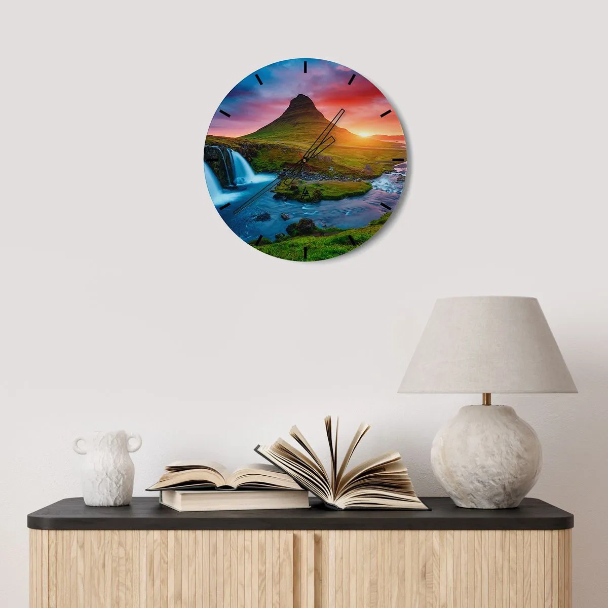 Wall clock - Clock on glass - Waterfall and mountain in the light of the setting sun - 30x30cm - Iceland - Fire and Water - Modern wall decoration for the living room, kitchen, and bedroom ARTTOR