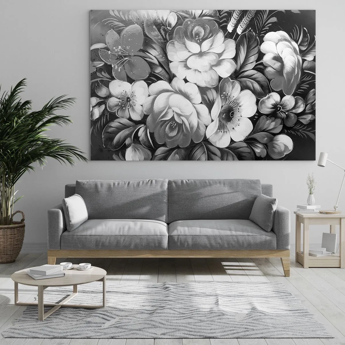 Glass picture - An elegant bouquet of flowers in shades of gray - 70x50cm - Beautiful Even in Greyness - Modern wall decoration for the living room and bedroom ARTTOR