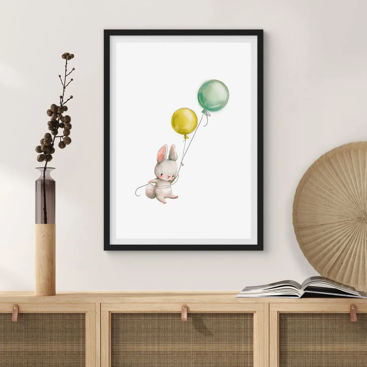 Poster in black frame - A rabbit holding two green and yellow balloons. - 50x70cm - I Will Fly Too! - Modern wall decoration for the living room and bedroom ARTTOR