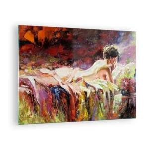 Glass picture - Impressionistic female nude on colorful fabric - 70x50cm - Thoughtful Venus - Modern wall decoration for the living room and bedroom ARTTOR