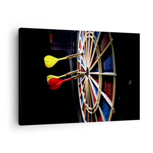 Canvas picture - A dartboard with hit darts on a black background - 70x50cm - On Point - Modern wall decoration for the living room and bedroom ARTTOR