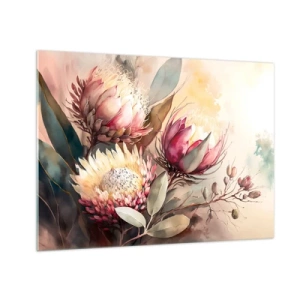 Glass picture - Protea flowers in pastel colors on an artistic background - 70x50cm - Profile and En Face - Modern wall decoration for the living room and bedroom ARTTOR