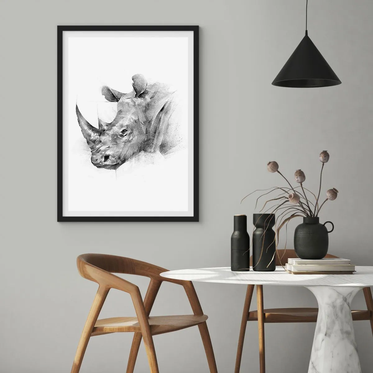 Poster in black frame - Graphic drawing of a rhinoceros in black and white - 50x70cm - African Portrait - Modern wall decoration for the living room and bedroom ARTTOR