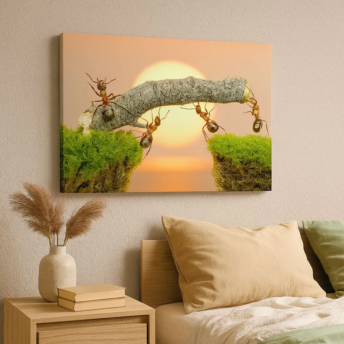 Canvas picture - Ants building a bridge of branches against the backdrop of the setting sun. - 70x50cm - Joyful, Mutual Work - Modern wall decoration for the living room and bedroom ARTTOR