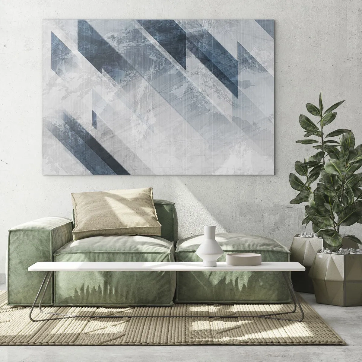 Glass picture - Geometric stripes in shades of gray and navy blue - 70x50cm - Spacial Composition - Movement of Greys - Modern wall decoration for the living room and bedroom ARTTOR