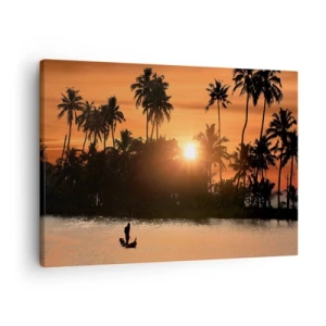 Canvas picture - Sunset over palm trees and a calm lake with a boat - 70x50cm - Time for Rest - Modern wall decoration for the living room and bedroom ARTTOR