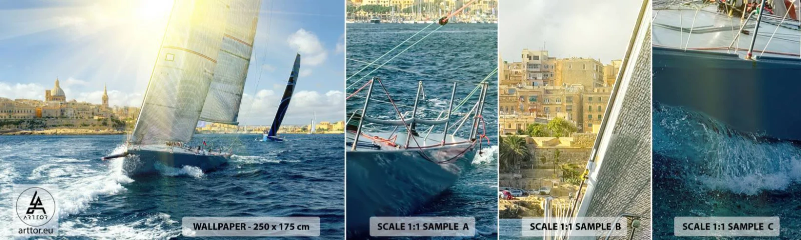 Photo Wallpaper Sample Self-Adhesive Deluxe Sticker - Time to Leave the City - City, Sea, Yacht - 100x30 cm