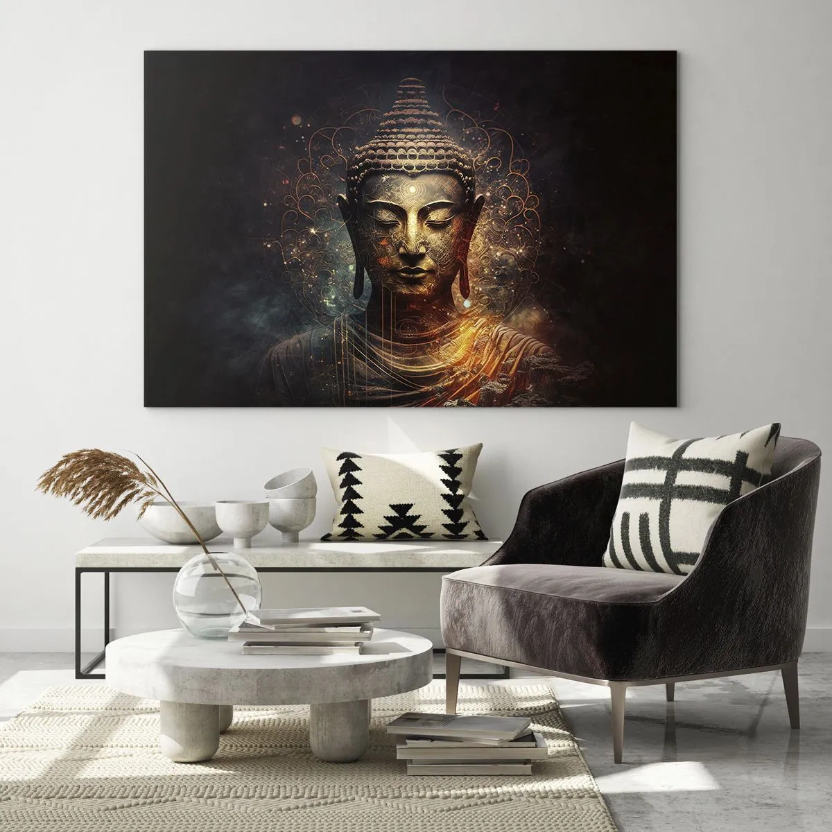 Glass picture - A golden figure of Buddha on a dark background with ornaments - 70x50cm - Spiritual Balance - Modern wall decoration for the living room and bedroom ARTTOR