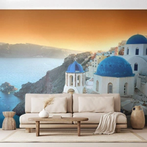 Photo Wallpaper Premium Canvas - Santorini - Snuggling up to the Rocks - Landscape, Greece, Santorini - 400x280 cm