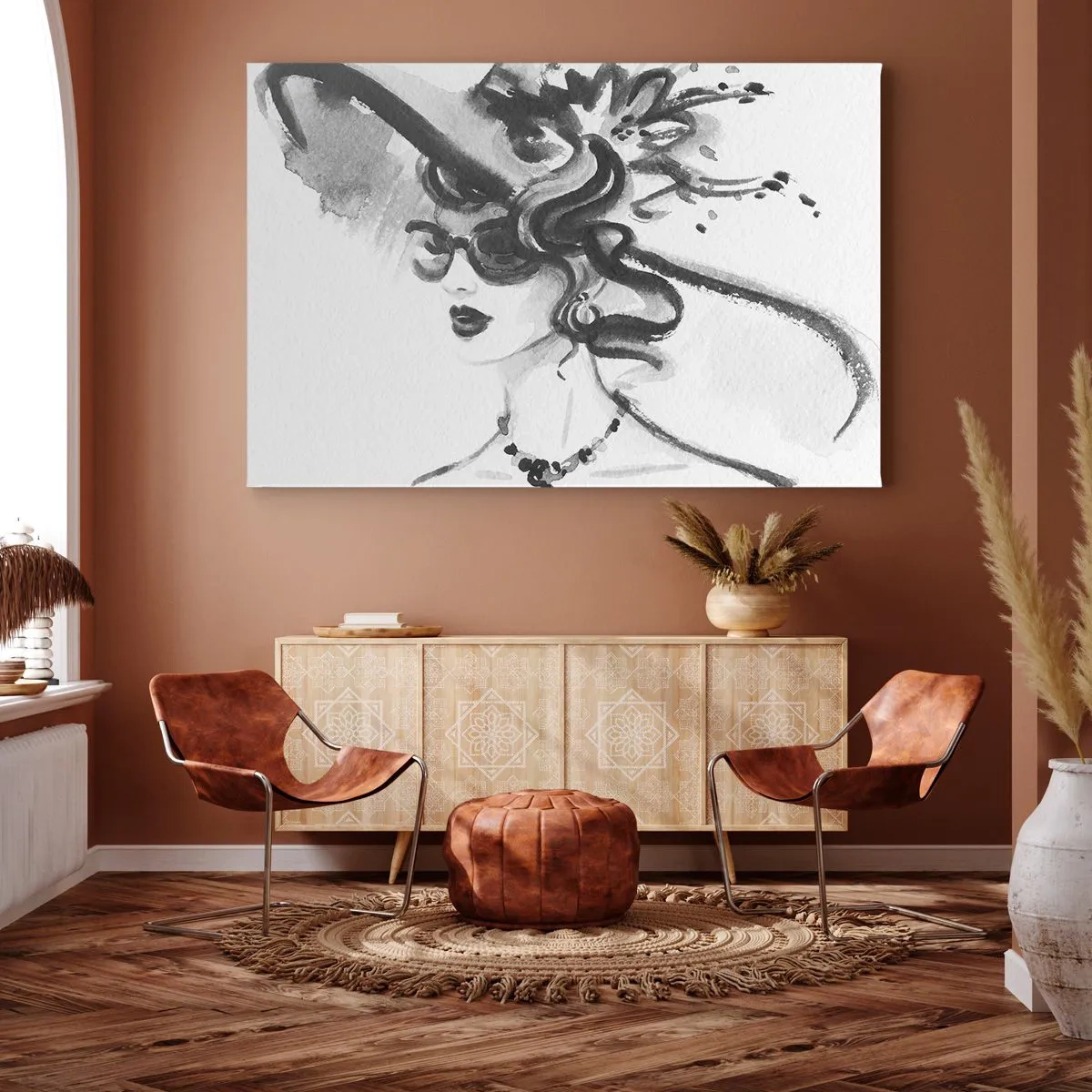 Canvas picture - Elegant woman in a hat in black and white style - 70x50cm - Lady with a Character - Modern wall decoration for the living room and bedroom ARTTOR