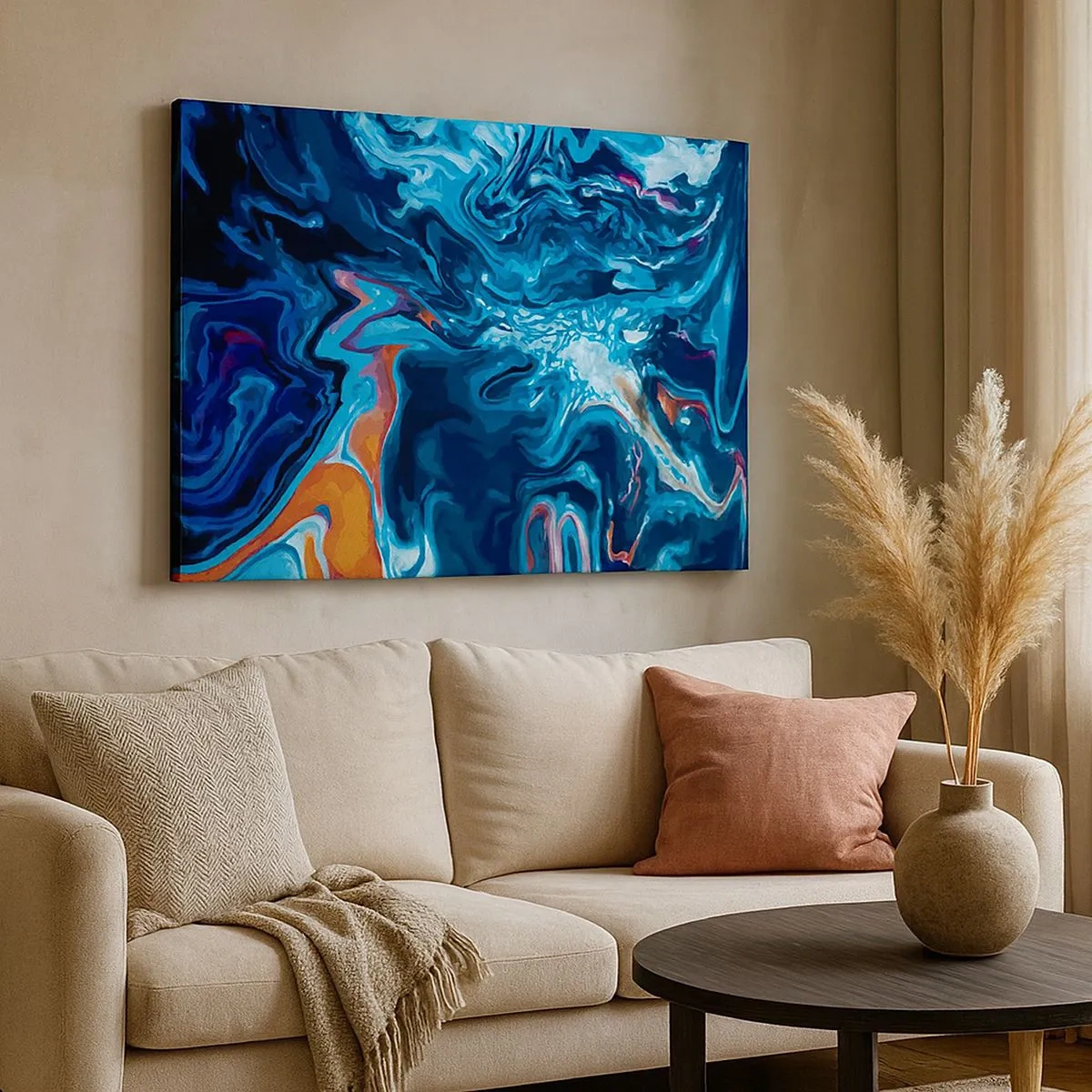 Canvas picture - An abstract pattern in shades of blue with orange accents. - 70x50cm - Into the Interior of the Sky - Modern wall decoration for the living room and bedroom ARTTOR