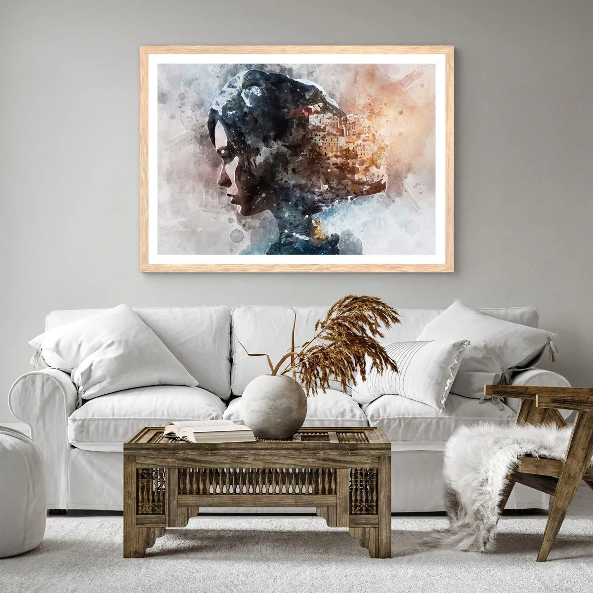 Poster in light oak frame - Tale about a Girl with a City in the Background - 100x70 cm