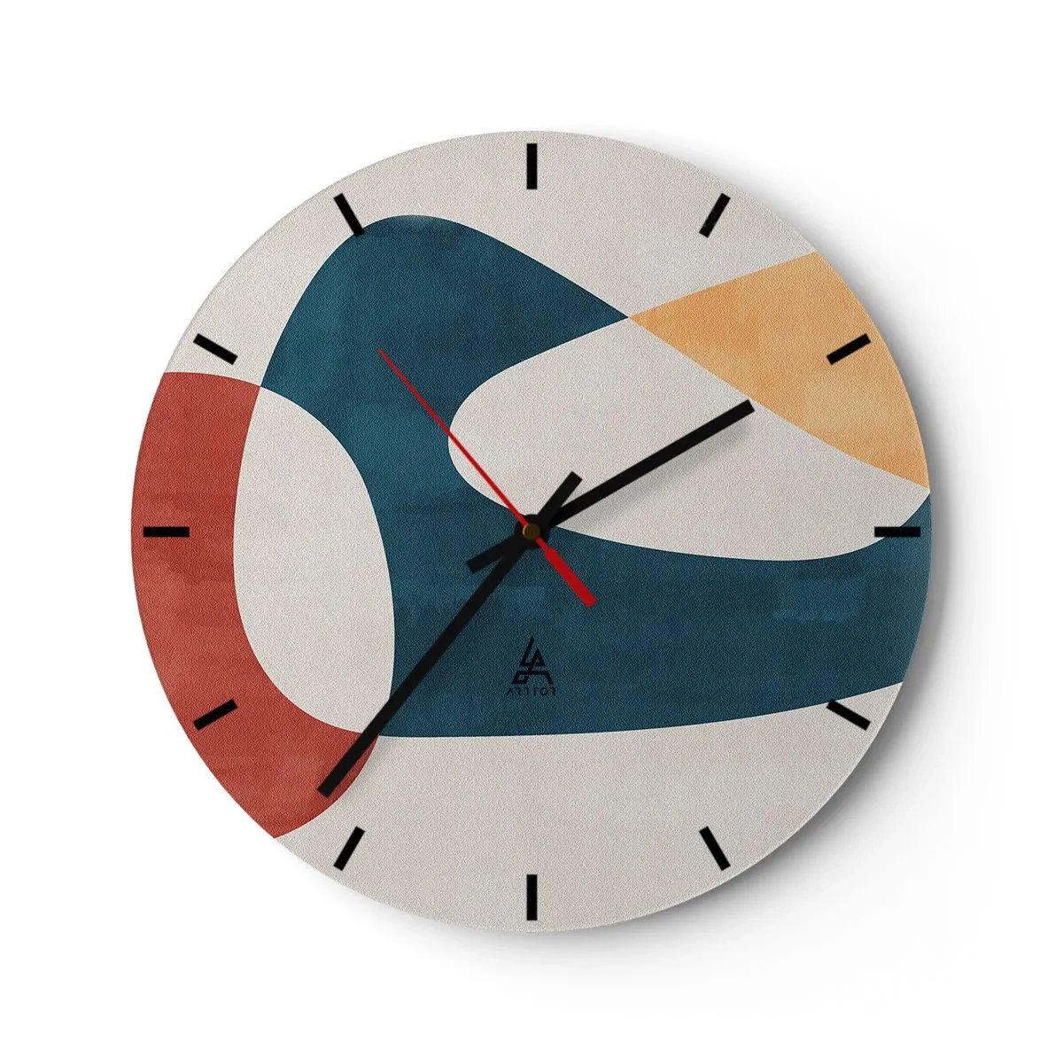 Wall clock - Clock on glass - Abstract shapes in shades of red, navy blue and beige - 30x30cm - Influences and Metamorphoses - Modern wall decoration for the living room, kitchen, and bedroom ARTTOR