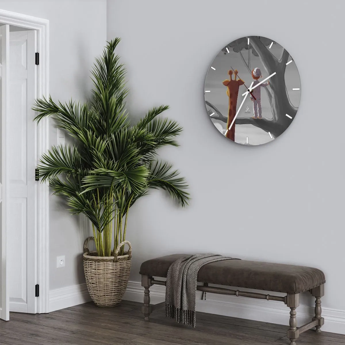 Wall clock - Clock on glass - A child in pajamas and a giraffe stand together on a tree branch. - 30x30cm - This Is Really Happening - Modern wall decoration for the living room, kitchen, and bedroom ARTTOR