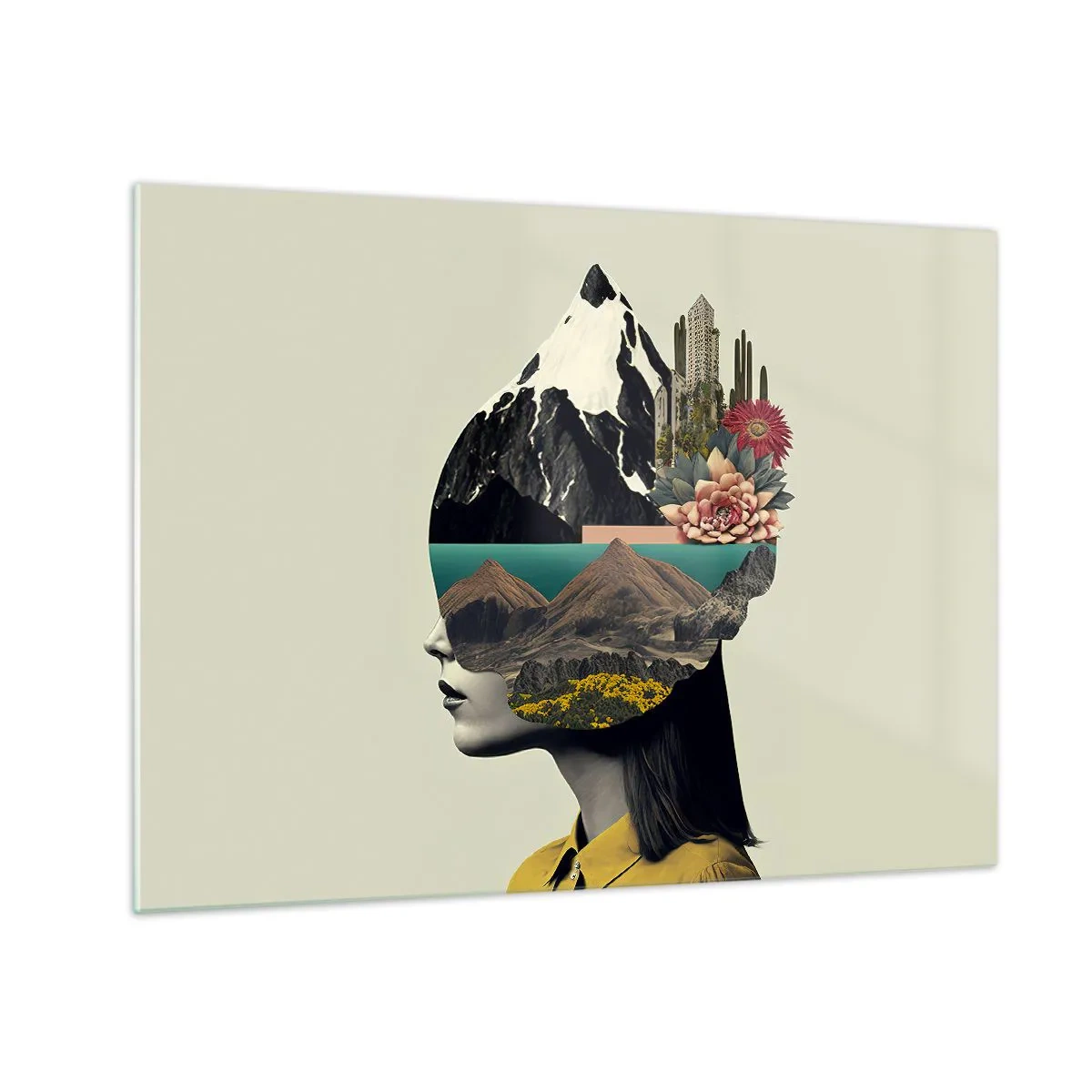 Glass picture - Silhouette of a woman with a mountain landscape and flora in her head - 70x50cm - Woman - Always a Mystery - Modern wall decoration for the living room and bedroom ARTTOR