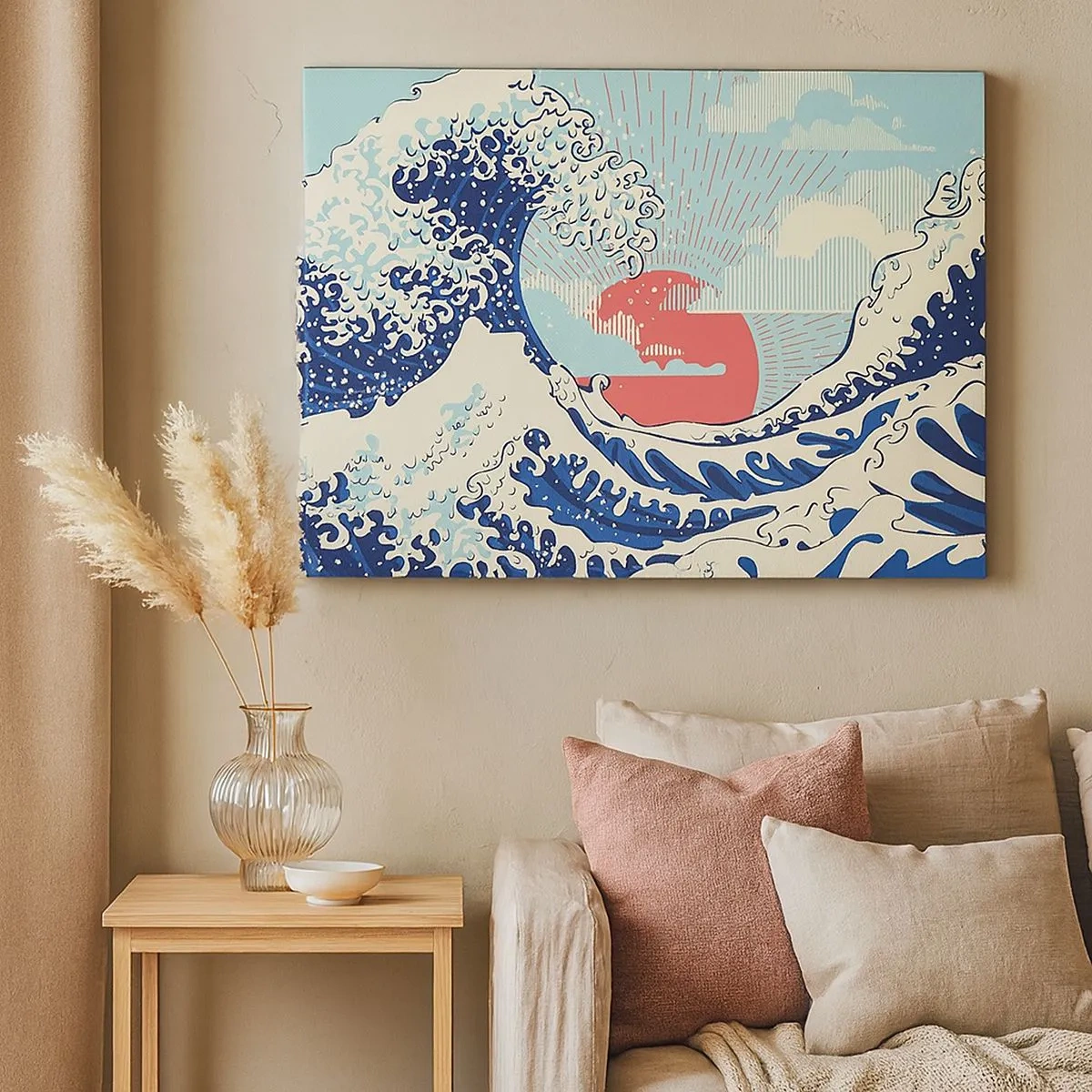 Canvas picture - Ocean waves and a Japanese-style sunset - 70x50cm - From Japanese Inspirations - Modern wall decoration for the living room and bedroom ARTTOR