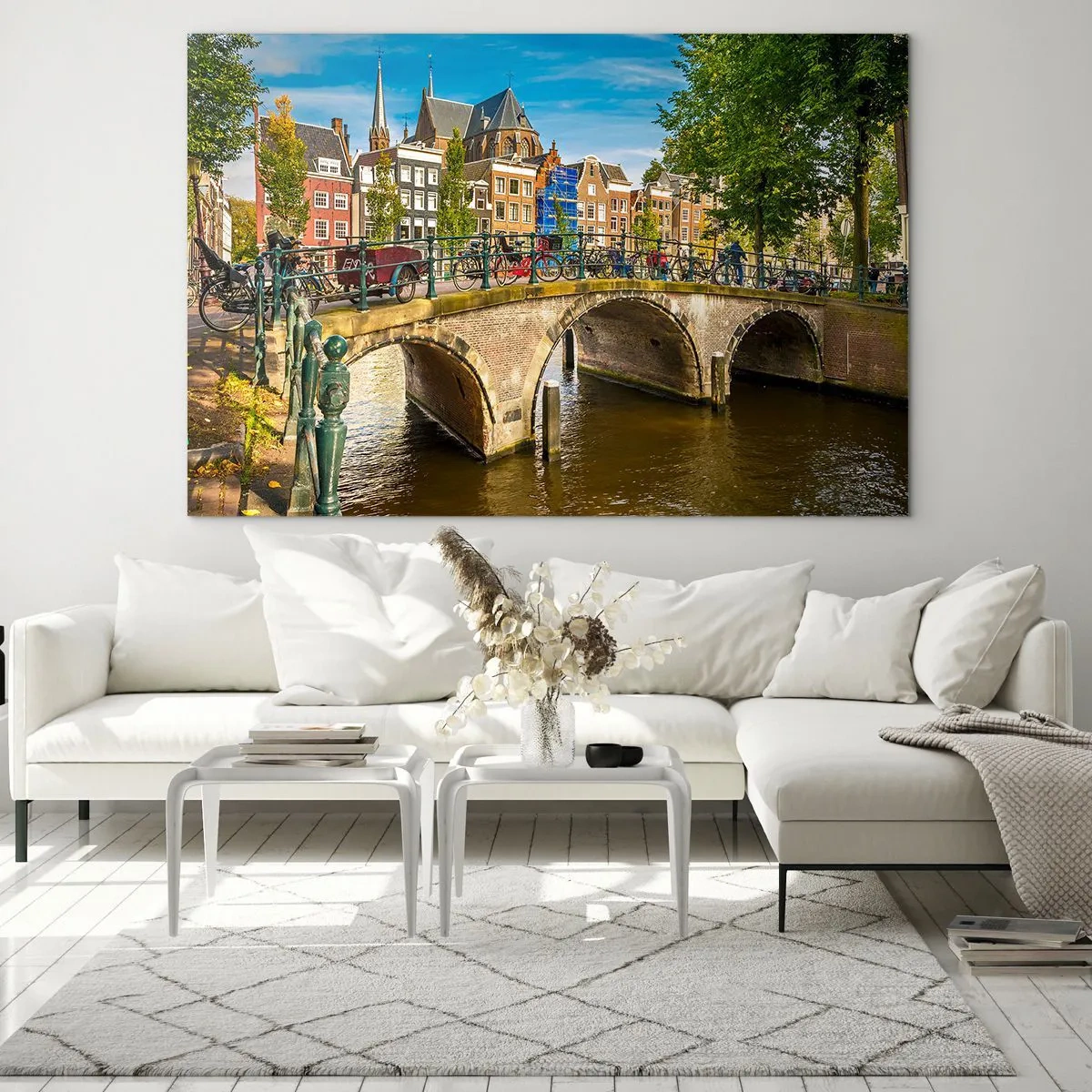Glass picture - A bridge over a canal surrounded by historic architecture and greenery - 70x50cm - Spring over the Canal - Modern wall decoration for the living room and bedroom ARTTOR