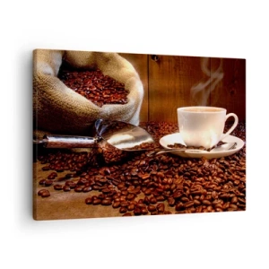 Canvas picture - A cup of coffee with coffee beans and a grain bag in the background - 70x50cm - Can You Smell It? - Modern wall decoration for the living room and bedroom ARTTOR