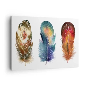 Canvas picture - Three colorful feathers with artistic patterns on a light background - 70x50cm - Rituals, Customs, Secrets - Modern wall decoration for the living room and bedroom ARTTOR