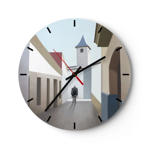 Wall clock - Clock on glass - A figure against the background of a city street in a bright, geometric setting - 30x30cm - Sunny Walk - Modern wall decoration for the living room, kitchen, and bedroom ARTTOR