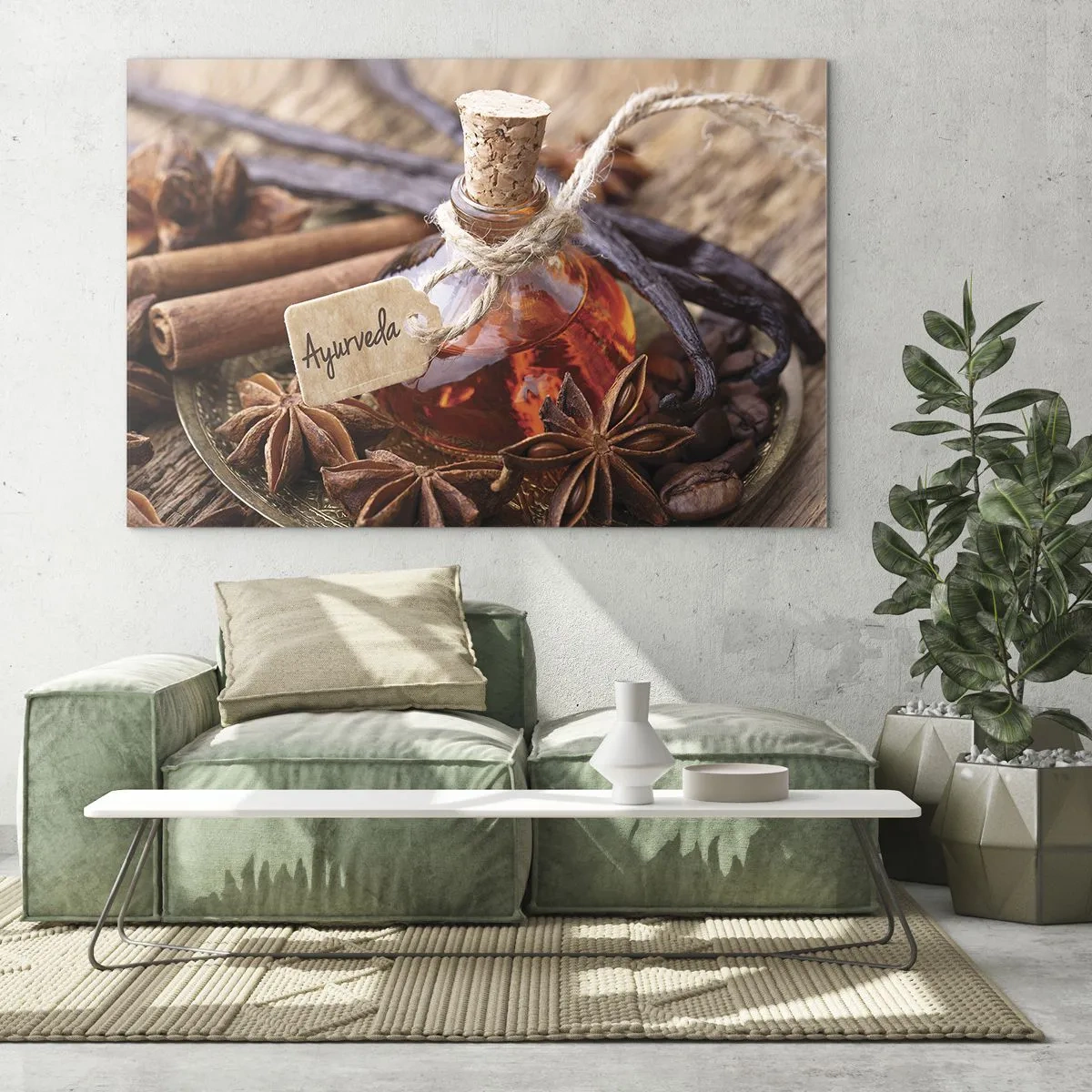 Glass picture - Ayurvedic style oil and spice bottle - 70x50cm - Unity of Body and Spirit - Modern wall decoration for the living room and bedroom ARTTOR