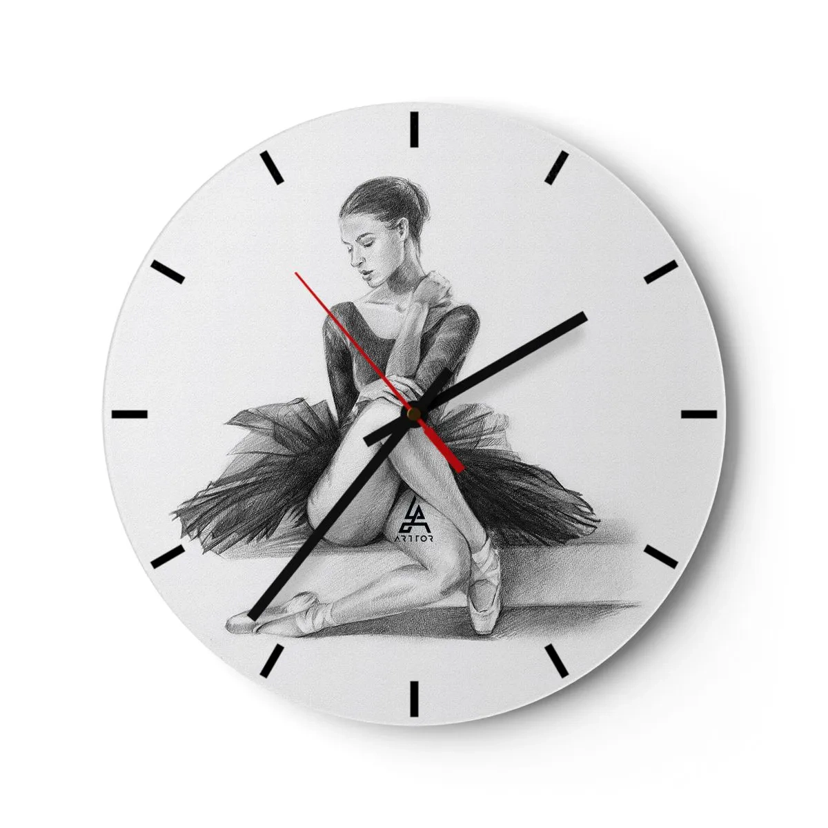Wall clock - Clock on glass - Sketch of a ballerina in a classic pose - 30x30cm - Enchanted by a Dance - Modern wall decoration for the living room, kitchen, and bedroom ARTTOR