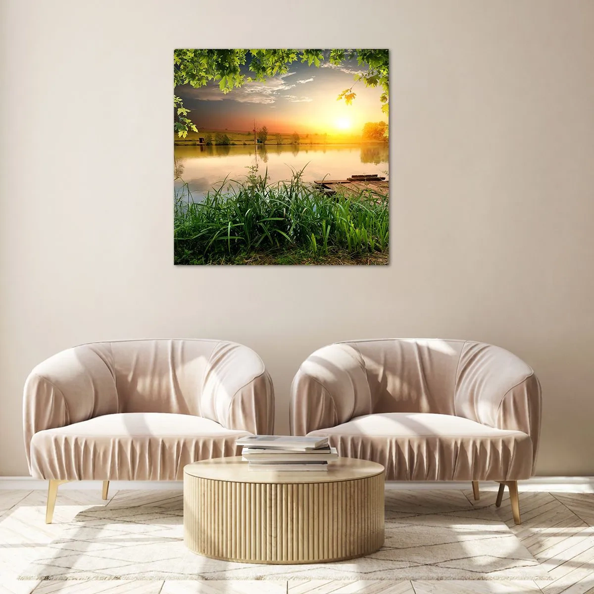 Glass picture - Landscape in a Green Frame - 40x40 cm